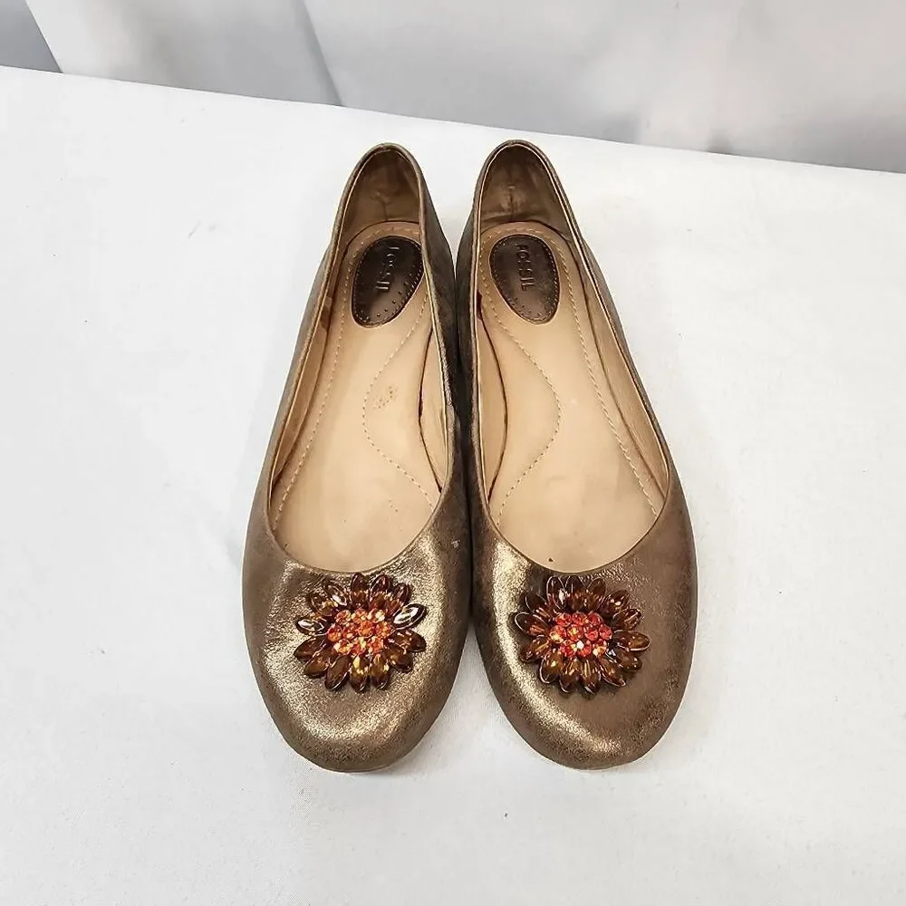 Fossil Womens Leather Ballet Flats Metallic Gold Flower brooch Size 11